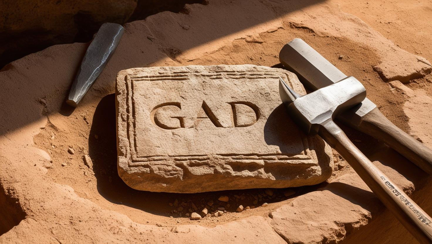 Ancient stone tablet with the word Gad etched into it. Make the chisel and hammer lay beside the stone tablet.